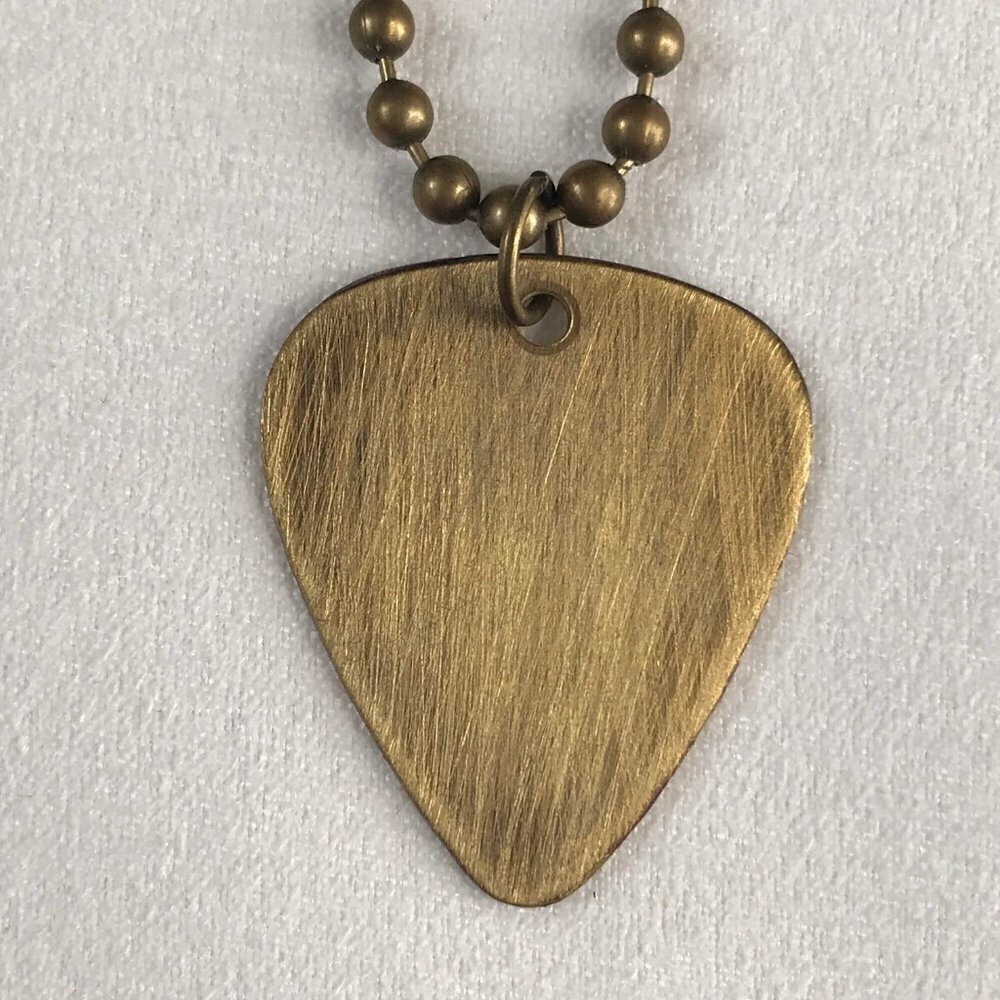 Antique Brass Guitar Pick Necklace- 24 Inch Chain - Picture 3 of 4